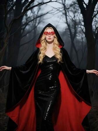 吸血鬼成人斗篷，黑色和红色，连帽斗篷，双面，男女皆宜，私人吸血鬼斗篷，男女长袍，万圣节，角色扮演，派对，女士长斗篷应用范围广泛，非常适合万圣节派对，角色扮演派对，化妆舞会，嘉年华，化妆舞会，舞台表演，舞蹈，摄影等