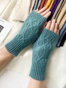 1双纯色休闲腈纶提花半指手套，秋冬针织露指手套，学生写作，保暖日常厚手套