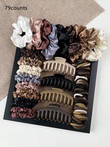 79pcs/Set Maillard Hair Accessories Set: Large Matte Claw Clips, Silk Satin Scrunchies & Seamless Elastic Ties, Versatile Earth Tone Headwear For Women - Multicolor - View 5