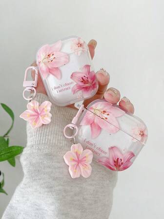 Estuche para auriculares con flor de lirio, estuche para auriculares con flor de cerezo, estuche para auriculares con el lema "No persigo, atraigo", estuche transparente para auriculares con 1 cadena colgante de flor rosa compatible con: estuche, auriculares, estuche Pro 3, Pro (2.ª generación), 3, Pro, 1/2, 4 Funda