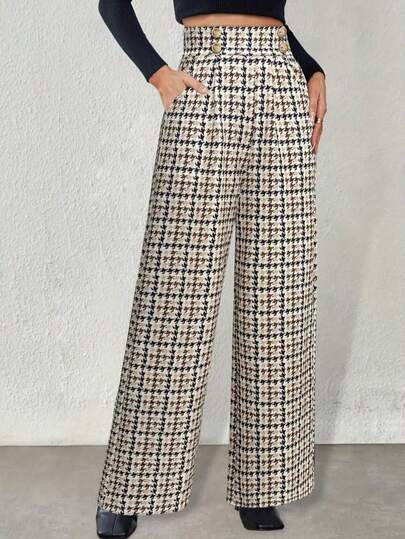 Women's Elegant High Waist Houndstooth Print Wide Leg Pants, Double-Breasted, Distinctive Fabric Design Pockets, Homewear & Casual