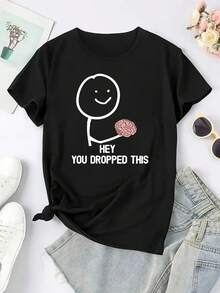 Camiseta gráfica casual para mujeres - Diseño de cerebro "Hey You Dropped This", negra con impresión blanca, tela suave y elástica, cuello redondo, lavable a máquina, comodidad para todas las estaciones, camisetas para damas, top con impresión divertida, camiseta de elasticidad media - Negro - Ver 2