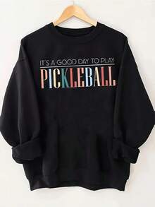 Pickleball Print Pullover Sweatshirt, Casual Long Sleeve Crew Neck Sweatshirt Fall & Winter, Women's ClothingPolyester & Elastane Crew Neck Top With Medium Stretch For All Seasons - 黑色6 - 查看 1