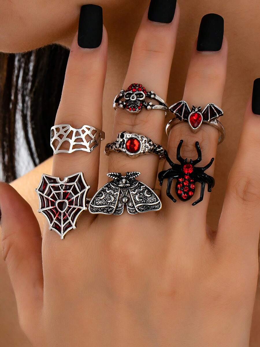 7 Pcs Gothic Style Halloween Spider Skull Bat Rings Set - Vintage ...