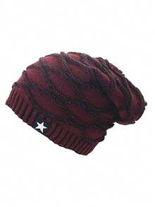 Classic Solid Color Thick Knit Beanie Hat With Five-Pointed Star Patch, Fashionable Jacquard Patterned Warm Knitted Cap For Autumn/Winter Winter Warm