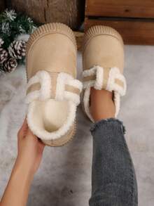 نعال منزلية نسائية مبطنة بالفليس السميك والملون، ذات نمط معين أنيق غير متماثل، للارتداء الداخلي في فصلي الخريف والشتاء