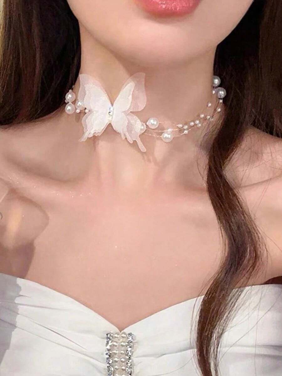 1pc Light Luxury Elegant White Flowers & Faux Pearl Beaded Collar Necklace For Women, Suitable For Wedding, Daily, Vacation And Other Occasions. Halloween - 白色 - 查看 1