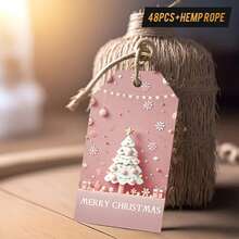 48pcs Christmas Gift Tags With Jute Twine - Light Pink Holiday Tags, Christmas Gift Text, Decorations, Party Favors - Compatible With Gift Wrapping, Christmas Tree Decor, Holiday Tags Design, Durable Paper Tags, Handmade Appearance, Crafting Hobby