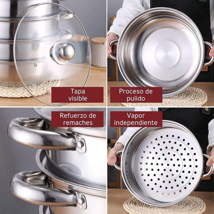 Juego de vaporera de acero inoxidable de 2 capas de 28 cm, vaporera de acero inoxidable con tapa, inserto de liberación de vapor, duradero, buen aislamiento térmico, alta capacidad de carga - 1 - Ver 1