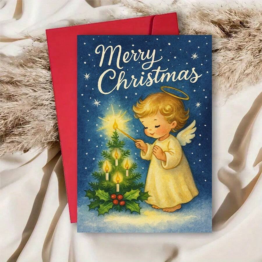 1 pièce Carte de vœux de Noël mettant en scène un charmant ange allumant des bougies, parfaite pour souhaiter de joyeuses fêtes à la famille, aux amis et aux êtres chers. Idéale pour les célébrations festives et les cadeaux. Enveloppe + Carte de vœux