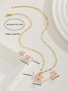 3pcs/Set Cute Stainless Steel Pink Butterfly Zirconia Pendant Necklace, Earrings And Ring, Suitable For Girls, Delicate Summer Beach Party Jewelry, Children's Street Fashion Accessories, Party Gifts - Pink - View 5