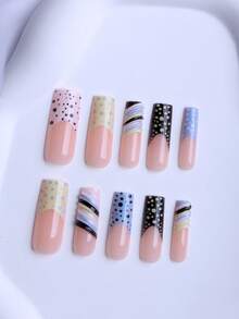 24 piezas de uñas postizas francesas largas y cuadradas con rayas de gel de colores contrastantes, lunares, aptas para damas y niñas en fiestas, citas y salones de manicura, con 1 pieza de pegamento de gelatina y 1 pieza de lima