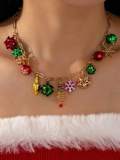 1 Pc Colorful Christmas Charm Necklace - Handmade X'mas Tree Light Snowflake Christmas Bow Pendant Necklaces - Holiday Jewelry Gift For Women & Girls