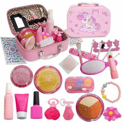 Brinquedos de maquiagem para meninas - Kit de maquiagem de simulação para crianças, conjunto de maquiagem para crianças: com mais de 30 tons de fantasia, gloss labial, adesivos de unhas postiças e pincéis de estilo profissional para festas à fantasia, brinquedos de presente de princesa para meninas de 3 a 9 anos (sem função de aplicação)