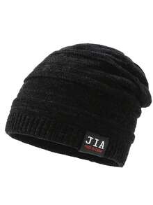 Classic Solid Color Thick Knit Beanie Hat With Five-Pointed Star Patch, Fashionable Jacquard Patterned Warm Knitted Cap For Autumn/Winter Winter Warm