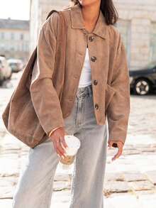 Women's Solid Color Faux Suede Fleece Pocket Button Front Casual Jacket, Suitable For Autumn And Winter - Khaki - View 6
