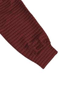 Loose Fit Pullover Solid Color Hooded Long Sleeve Waffle Knit Sweatshirt, Autumn - Burgundy - View 6