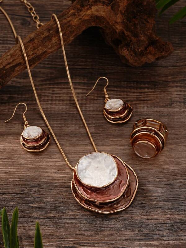 SophiaXuan 1 Set Elegant Zinc Alloy 3-Layer Necklace, Earrings, Ring Jewelry Set For Women, Suitable For Valentine's Day, Mother's Day, Holidays, Daily Wear, Vacation