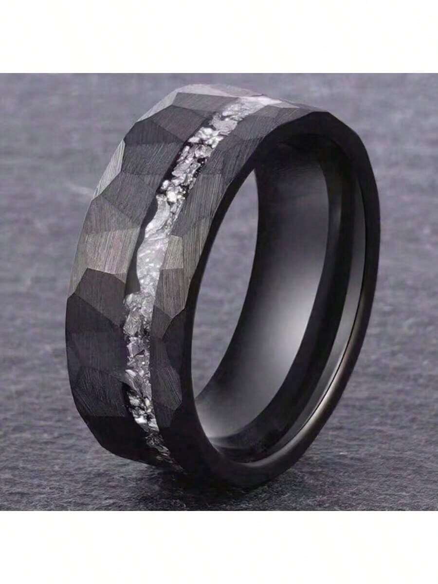 1pc Men's Black Tungsten Carbide Ring,Inlay Muonionalusta Meteorite Interstellar Ring Hammered Wedding Band For Daily Wear, Gift For Party Holiday Birthday Anniversary