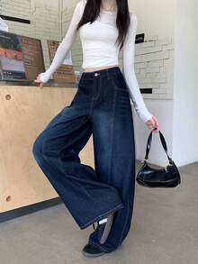 女式舒适阔腿牛仔裤，带拉链、纽扣口袋和刺绣细节，宽松版型，无弹力 - 藍色 - 查看 5