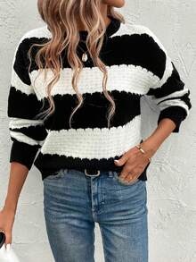 Women's Striped Knit Sweater Contrast Color Long Sleeve Crew Neck Knitwear Pullover For Autumn Winter Daily Office Wear