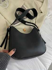 1 pieza de bolso de hombro de PU negro con estilo simple, adecuado para que las damas lo usen a diario. - Negro - Ver 5