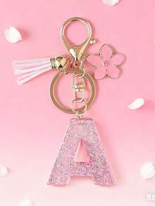 1pc DIY Pink 26 English Alphabet Keychain, Resin Glitter Flower Tassel Key Chain For Women Christmas Gift