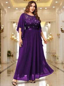 Plus Elegant Sequin Floral Lace Chiffon Butterfly Sleeve Contrast Ruched Hem Formal Party Long Dress, Wedding Guest Dress - 紫色 - 查看 5