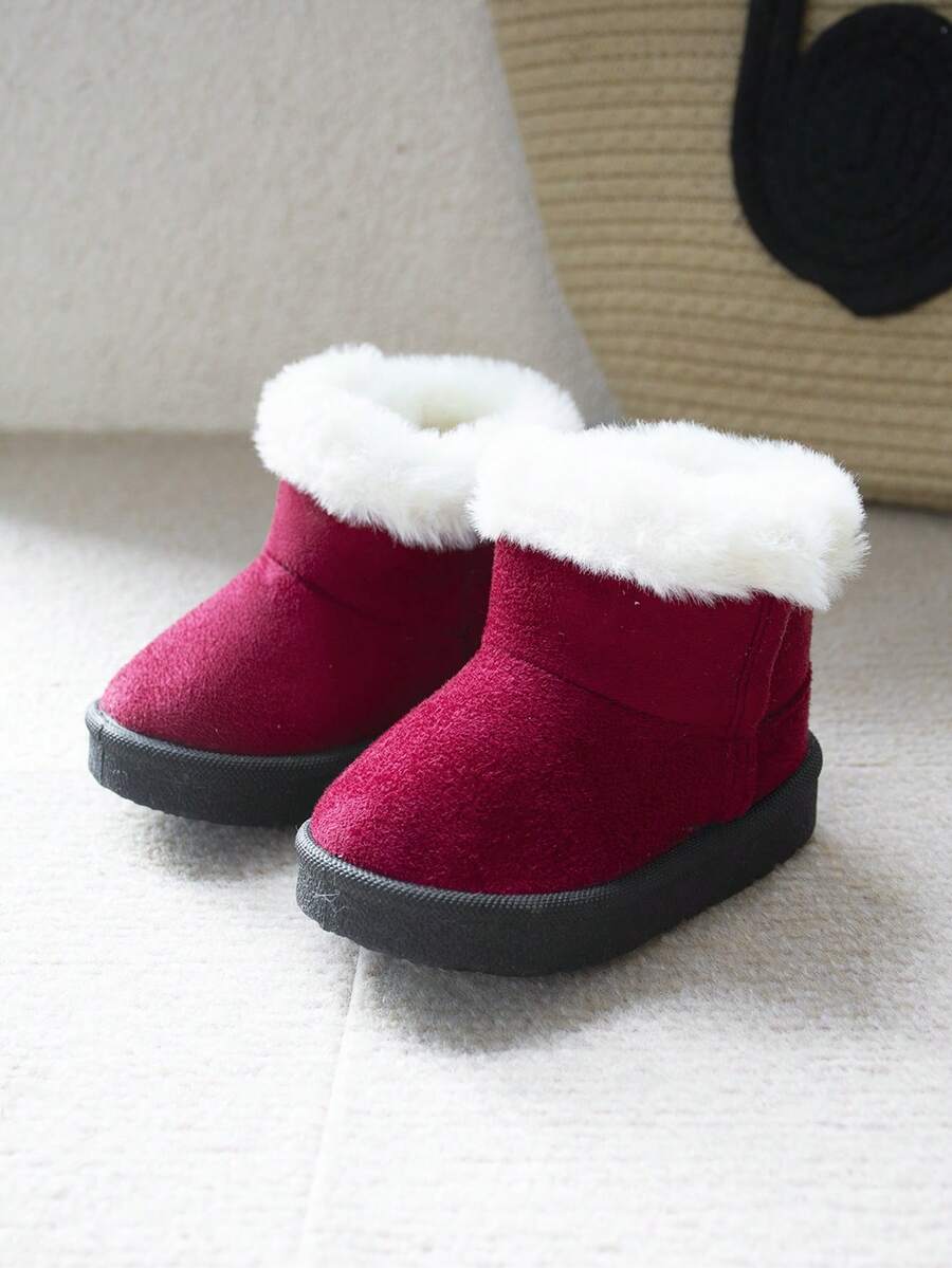 1 Paar Baby Mädchen Burgund Plüsch Süß & Modisch Thermisch Gefütterte Schlüpf-Schnee Stiefel, Bequem für den täglichen Gebrauch im Winter