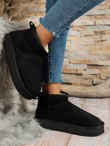 Women's Solid Color Mid-Top Casual Shoes, Thick Sole With Thermal Lined, Warm And Comfortable For Outdoor And Indoor Wear, Autumn/Winter - Black - View 8