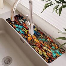 1 pièce Tapis de drain d'évier avec motif thème Hua Hudie, en terre de diatomées à séchage rapide et en caoutchouc antidérapant avec absorption de l'humidité, pour cuisine/salle de bain. Tapis de protection antidérapant en silicone en boue de diatomées pour robinet, tapis de drain de cuisine, protecteur de lavabo, convient à tous les types de robinets de salle de bain et de cuisine.