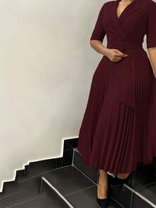 Ladies' Elegant Office Party Dress - Ruffled Hem With Adjustable Waistband, Burgundy Formal Occasion Outfit, Medium To Long Daily Workwear - 酒紅 - 查看 2