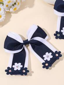 2pcs Back To School Girls Navy Blue & White Floral Hair Clips, Casual Fabric Flower Bow Hair Accessories - Multicolor - View 4