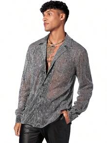 Men's Sheer Mesh See Through Glitter Button Front Long Sleeve Shirt Tops
