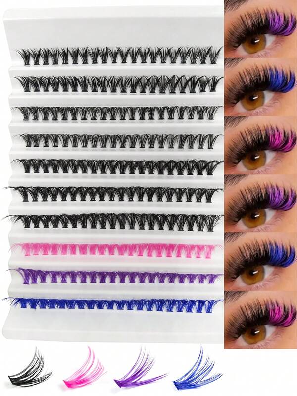 Hinarin 200Pcs D Curl Colorful Mixed Individual Eyelashes 20 Pink 20 Purple 20 Blue Colored Lashes Cluster And 140 Black Individual Lashes 9-16MM Wispy & Curl Eyelashes DIY Eyelashes Extension At Home