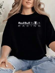 Racing Team Graphic Print T Shirt 220g Sports Women's Casual 100% Cotton Tee 1pcs Relaxed Fit Stylish Top - 黑色 - 查看 1