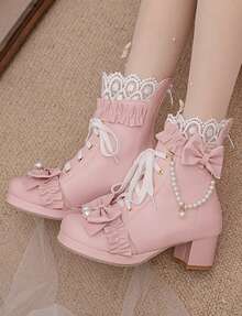 Princess Cute Lolita Boots Chunky Mid Heel Women Ankle Boots Anime Cosplay Party Rear Zipper Sweet Lace-Up Bow Pearl Dress Shoes - 粉色 - 查看 5