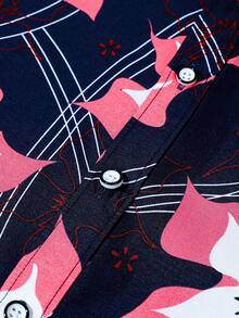 LiTTEKinq Men's 2-Piece Beach Suit With Coconut Palm And Seascape Prints, Featuring A Button-Down Short-Sleeved Shirt And Loose-Fitting Shorts For A Beach Vacation. - 紅色 - 查看 7