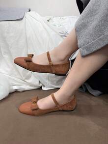 New Autumn/Winter Flat Shoes For Teens, Minimalist Bow Decor Square Toe, Comfortable One-Strap Buckle, Versatile Casual Elegant All-Match Everyday Wear