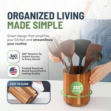 Acacia Wooden Utensil Holder Kitchen Counter, Wood Utensil Holder Counter, Kitchen Utensils Holder With 360 Rotation, Non - Slip Large Utensils Holder Spatula Holders - Brown - View 4