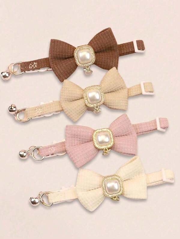 1 pieza Collar ajustable con campana, decorado con perlas, para gatos o perros pequeños, adecuado para uso diario y sesiones de fotos