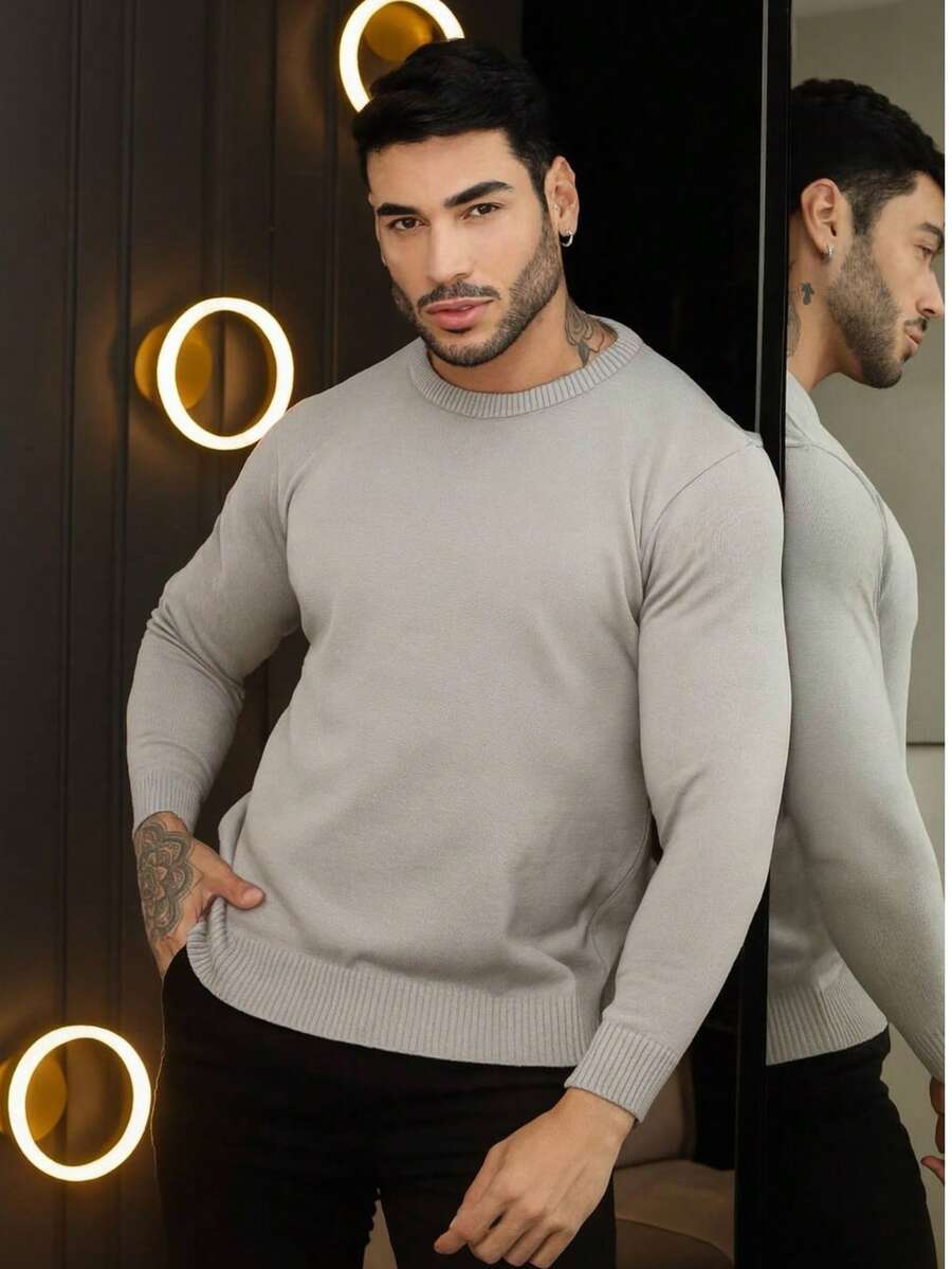 TRICOT DE LUXO Men's Basic Knitted Sweater, Quality Pullover, Autumn Winter, Father's Day - 銀色 - 查看 1