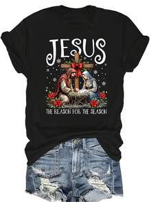 [Camiseta de Moda Casual] Camiseta de mujer suave y cómoda - Escena de la Natividad de Jesús Navidad Casual de manga corta cuello redondo, regalo perfecto para la abuela y la mamá, uso casual de primavera y verano - Negro - Ver 1