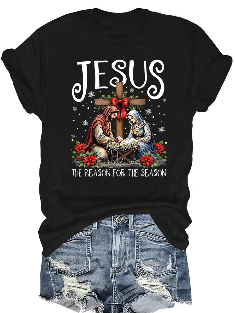 [Camiseta de Moda Casual] Camiseta de mujer suave y cómoda - Escena de la Natividad de Jesús Navidad Casual de manga corta cuello redondo, regalo perfecto para la abuela y la mamá, uso casual de primavera y verano - Negro - Ver 1