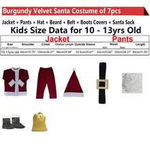 7 pièces Set, Costume de Mascotte de Noël pour Enfants, Costume de Père Noël en Velours Bordeaux de Luxe pour Enfants, Tenues de Père Noël pour Garçons et Filles avec Veste à Fermeture Éclair, Pantalon Élastique, Chapeau, Barbe, Ceinture Élastique, Couvre-Bottes, Sac du Père Noël, Costumes de Père Noël pour Décoration de Noël Intérieur Extérieur - Rouge foncé - Voir 13
