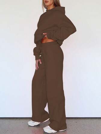 Two Pieces Set Autumn And Winter Casual Plain Sweatshirt Set, Hooded Pocket Top, Paired With Elastic Waist Drawstring Straight Leg Pants, Two Pieces Set.Outfits Suit