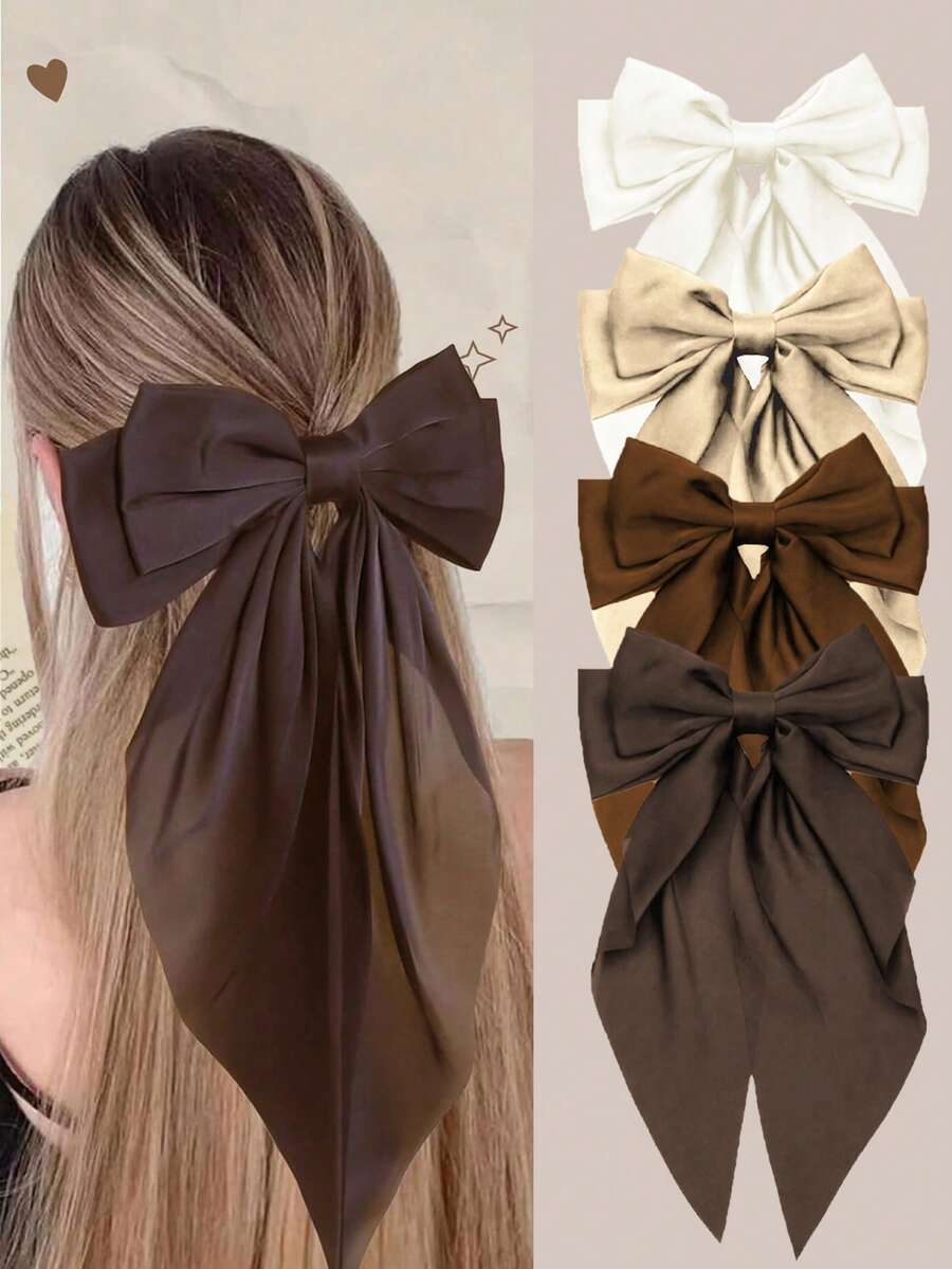 4 Pcs Large Big Oversized Satin Hair Bows With Long Tail Brown Series Elegant Bow Hair Clips French Barrettes Hair Clips Accessories For Women Daily Wear Suitable For Festival Valentine's Day Gifts For Women Outdoor Decor Claw Clips, Hair Slide, Hair Barrettes