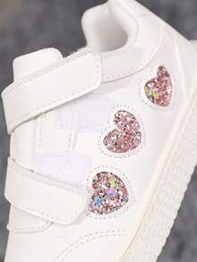 1 Paar Kinder Pink Herz Dekor Weiß Klettverschluss Design Flache Mode Sneaker, geeignet für alle Jahreszeiten - Weiss - Übersicht 7
