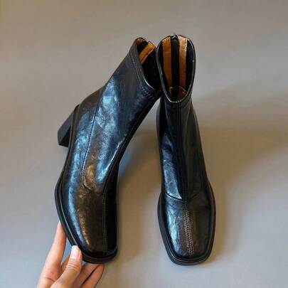 Botas cortas de tacón alto con elástico y suela gruesa de estilo retro en cuero suave, nuevas para el otoño