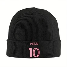 "Messi 10" Black Knit Beanie - Cozy Acrylic Winter Soccer Hat, Pink Embroidery, Hand-Washable For Men & Women, Cozy Winter Cap| Beanie|Handwashable Hat, Hat Beanie - Đen- - Xem 1